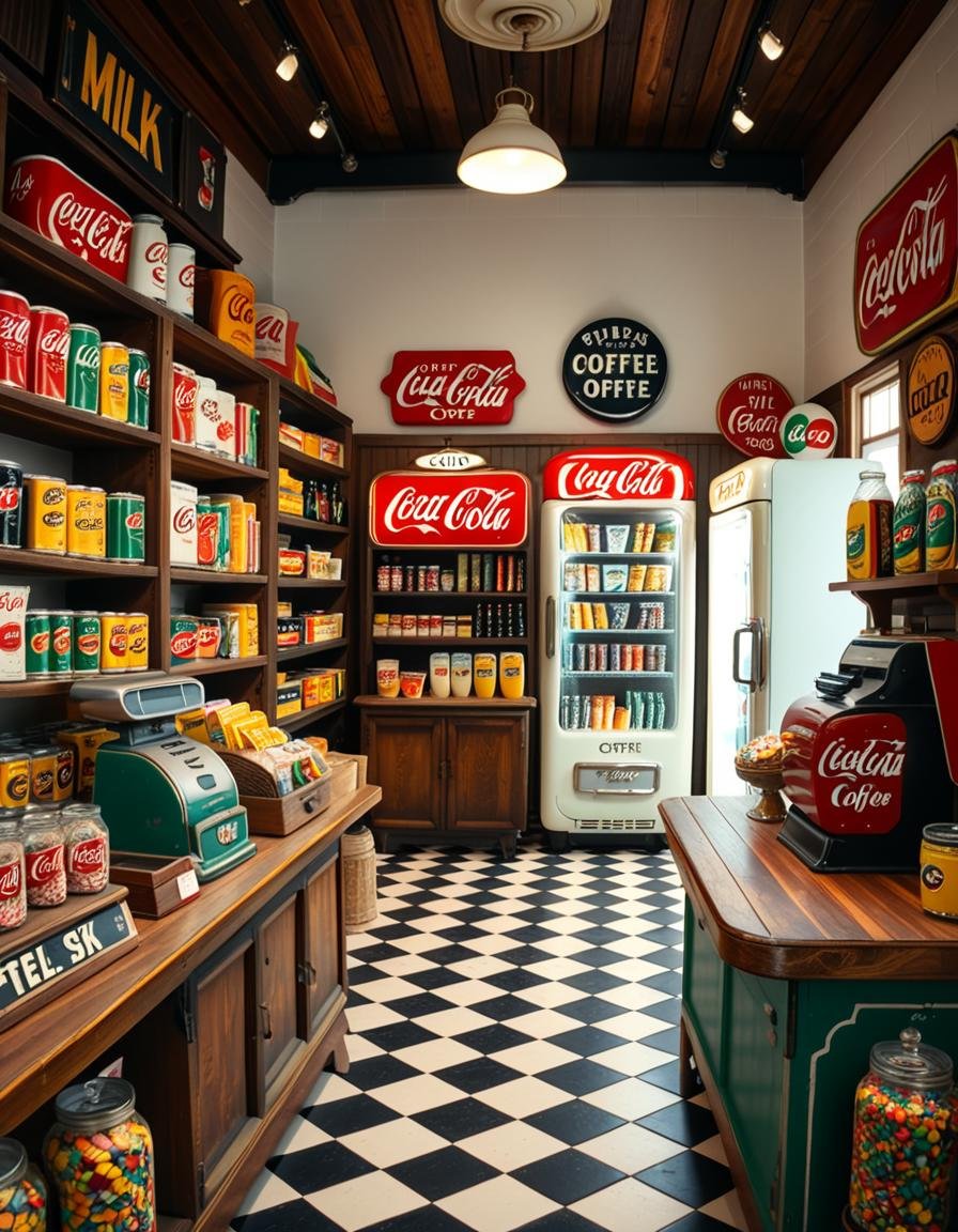 A vintage 1950s grocery store filled with nostalgic details. Wooden shelves neatly stocked with classic canned goods,  gla...