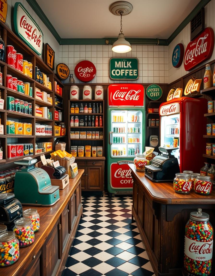 A vintage 1950s grocery store filled with nostalgic details. Wooden shelves neatly stocked with classic canned goods,  gla...