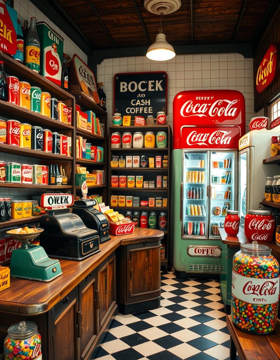 A vintage 1950s grocery store filled with nostalgic details. Wooden shelves neatly stocked with classic canned goods,  gla...