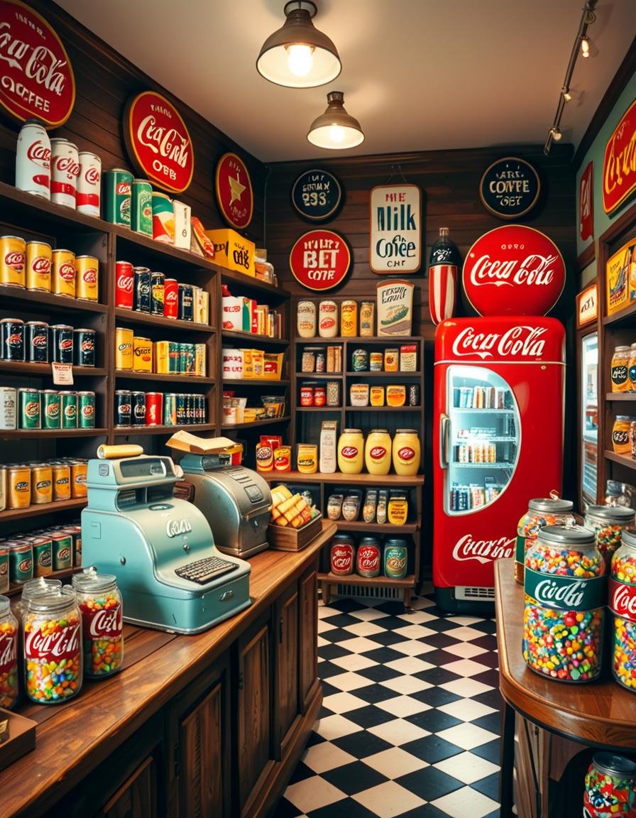 A vintage 1950s grocery store filled with nostalgic details. Wooden shelves neatly stocked with classic canned goods,  gla...