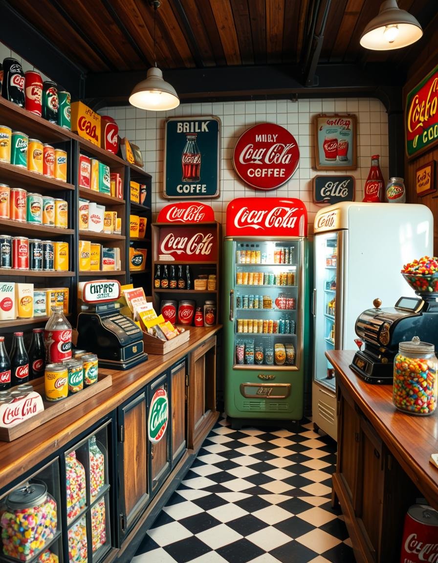 A vintage 1950s grocery store filled with nostalgic details. Wooden shelves neatly stocked with classic canned goods,  gla...