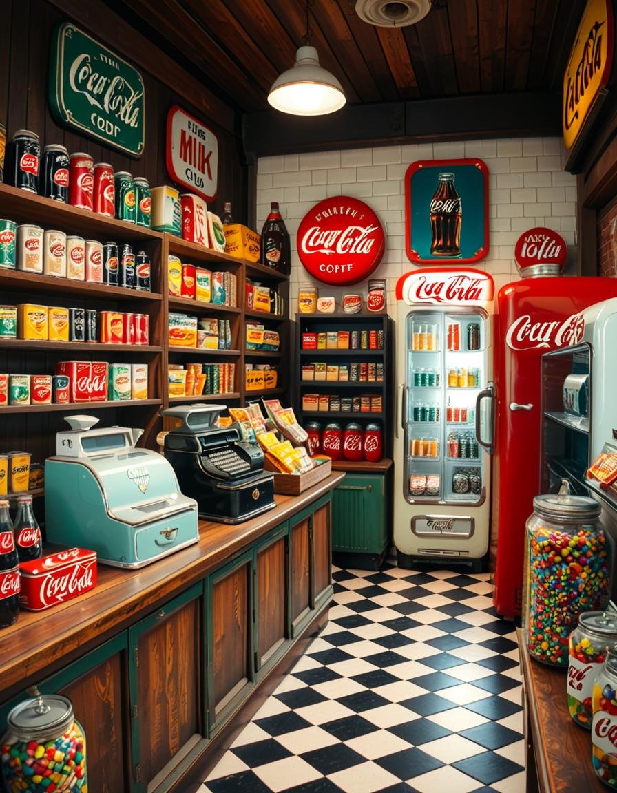 A vintage 1950s grocery store filled with nostalgic details. Wooden shelves neatly stocked with classic canned goods,  gla...