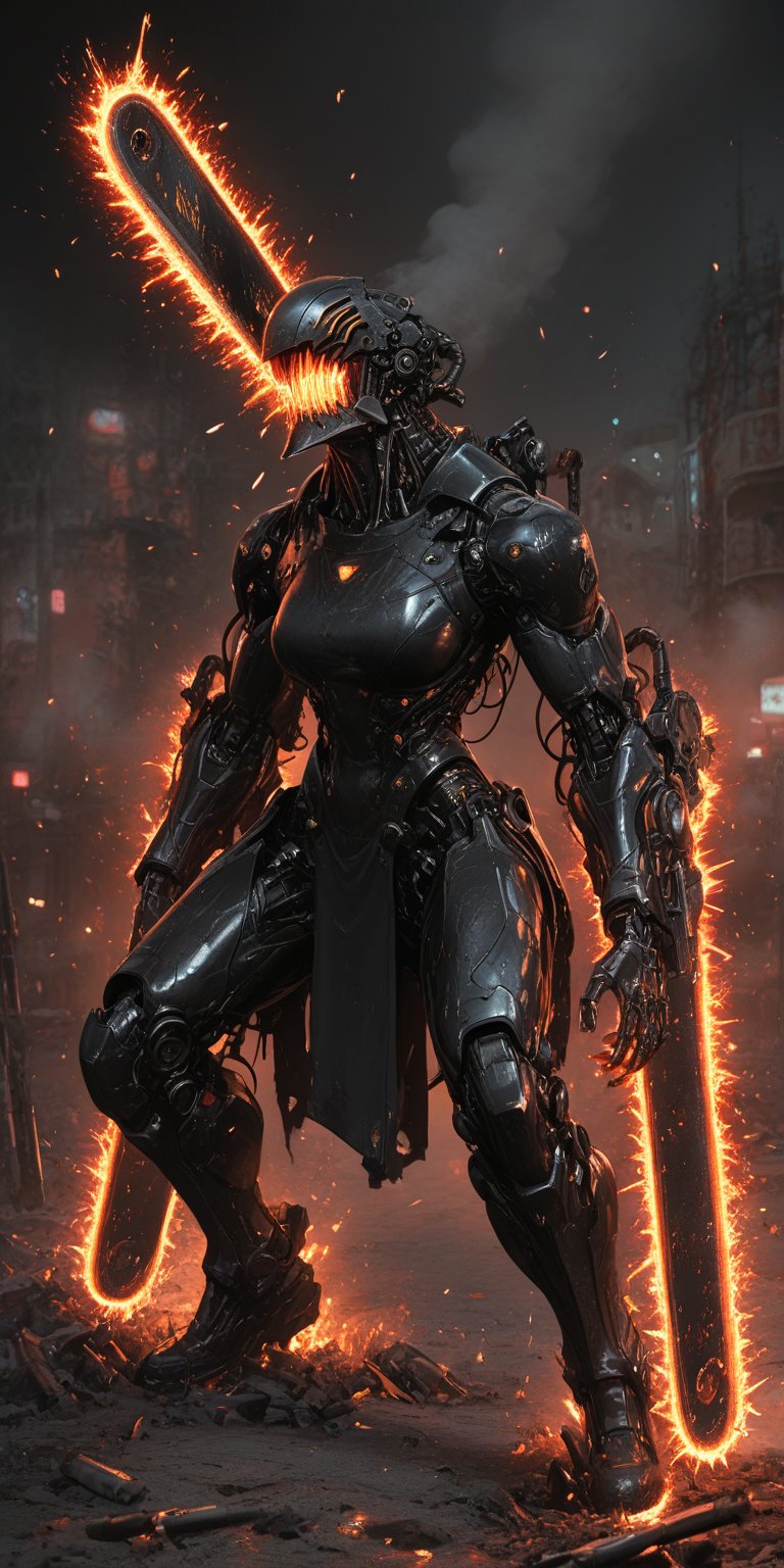 A stunning cinematic action scene featuring **Chainsaw Woman**,  a fierce warrior with a **massive roaring chainsaw head a...