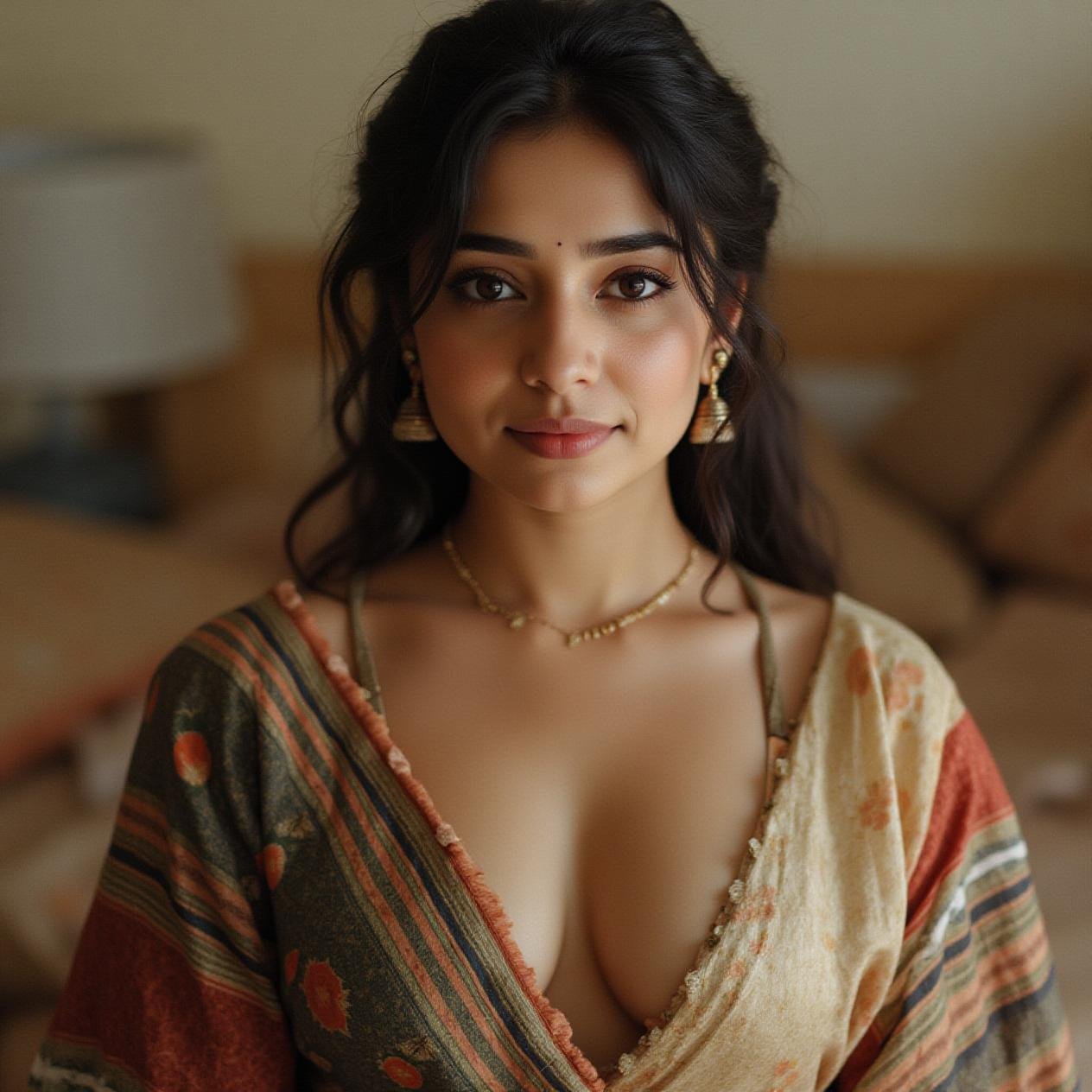 Full size image of a gorgeous young woman in her 20s from head to toe. Extremely beautiful face. She is wearing gold jhumk...
