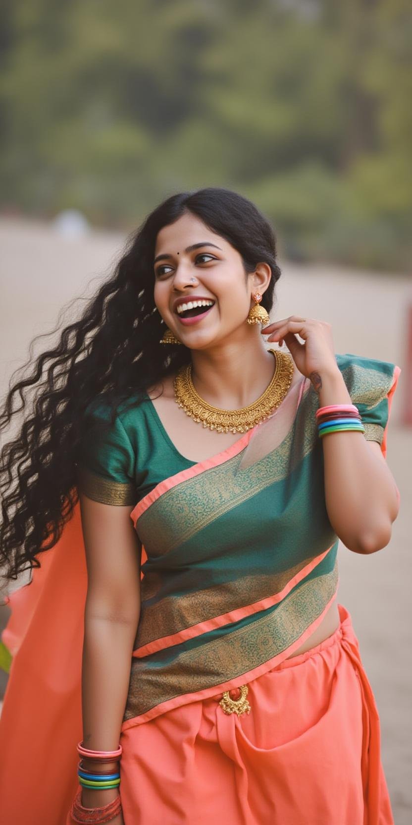 Full size image of an indian woman from head to toe. She is wearing gold anklets in her both legs. Both the anklets have 3...
