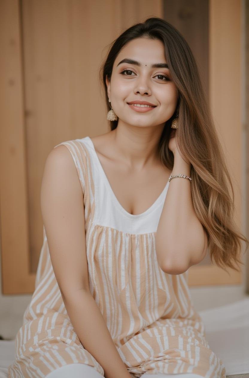 Full size image of a gorgeous young woman in her 20s from head to toe. Extremely beautiful face. She is wearing gold jhumk...