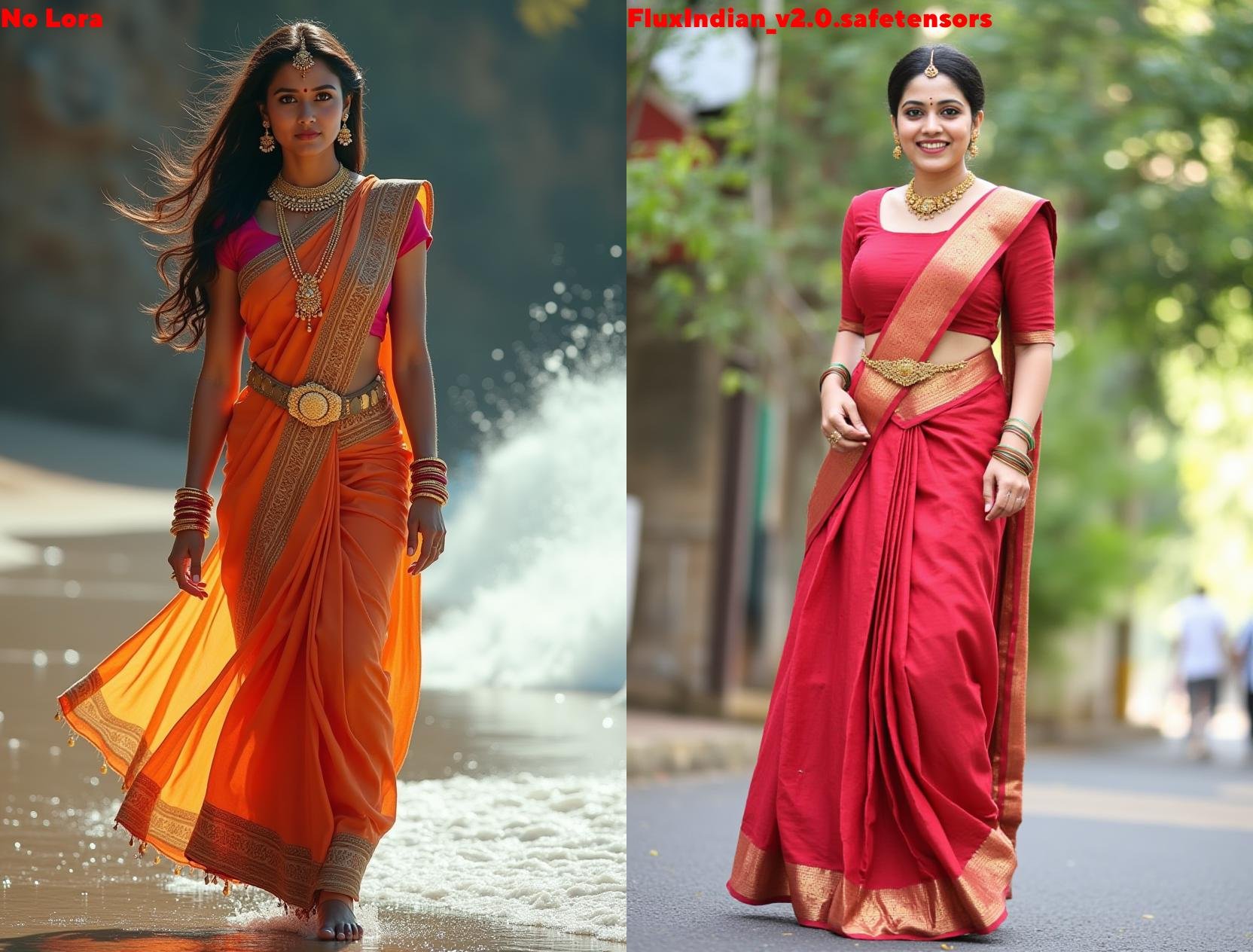 Full size image of an indian woman from head to toe. She is wearing gold anklets in her both legs. Both the anklets have 3...