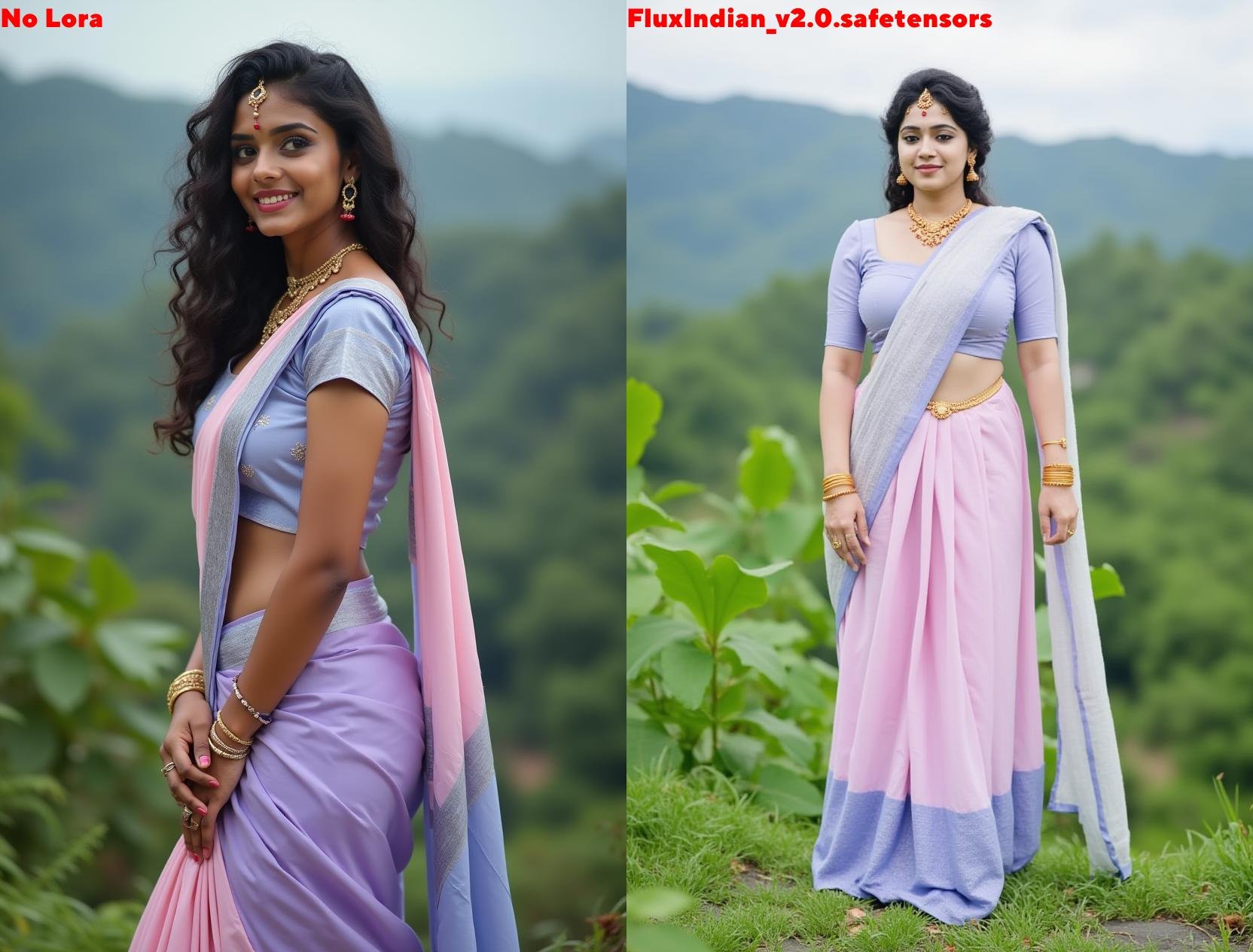 Full size image of an indian woman from head to toe.She is standing.She is wearing a Lavender blouse with Light Blue borde...