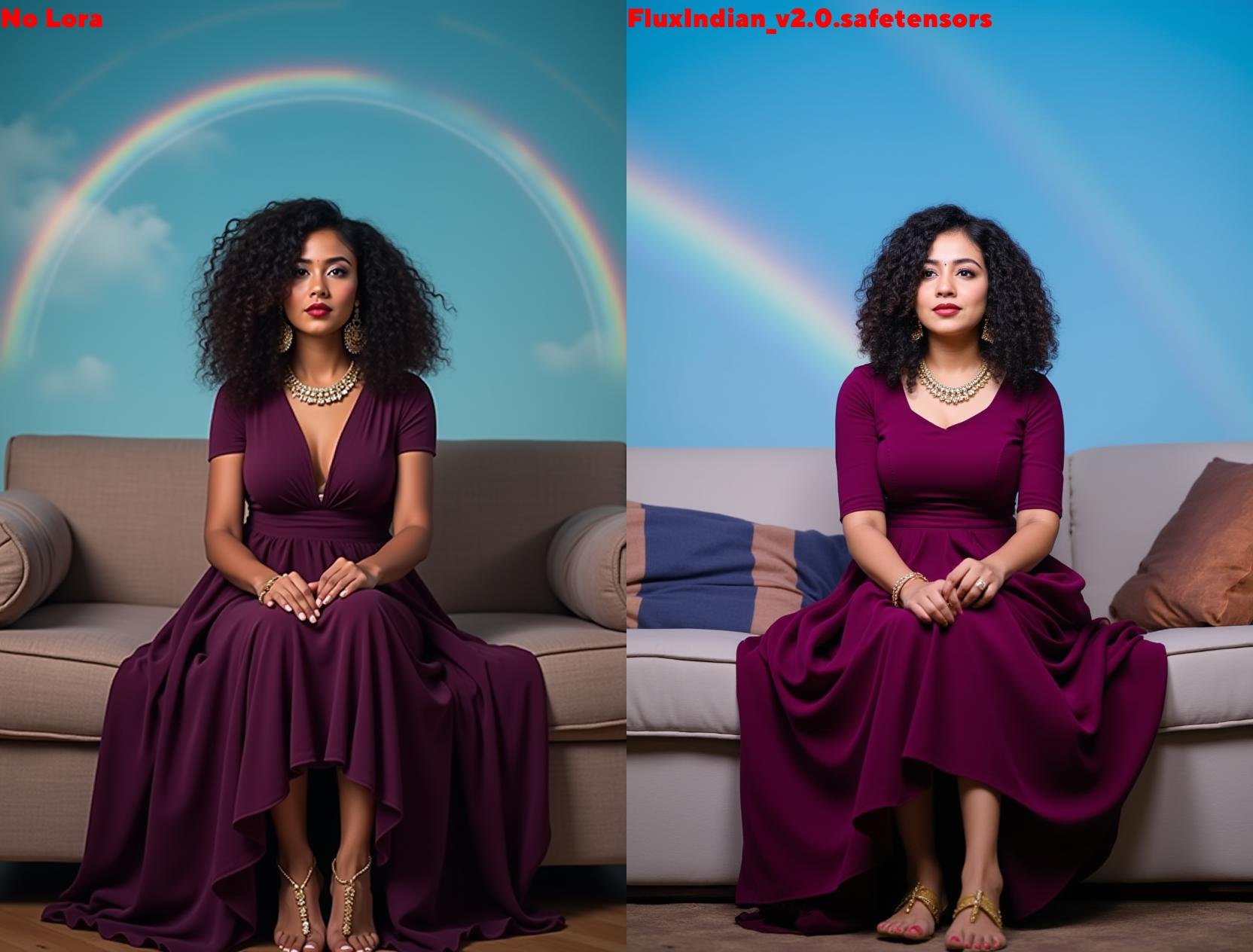 Full size image of an indian woman from head to toe.She is sitting on a sofa with her legs spread.She is wearing a maxi-dr...