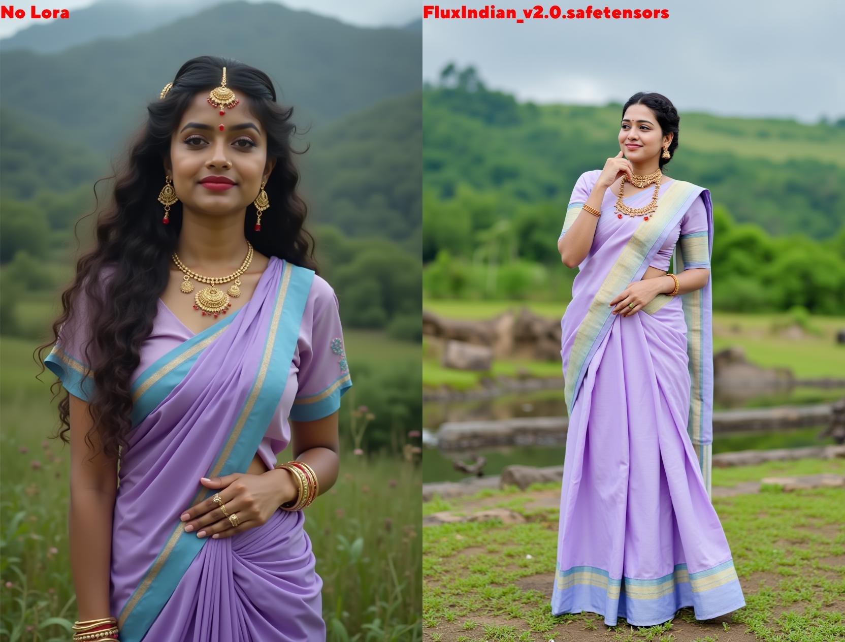 Full size image of an indian woman from head to toe.She is standing.She is wearing a Lavender blouse with Light Blue borde...