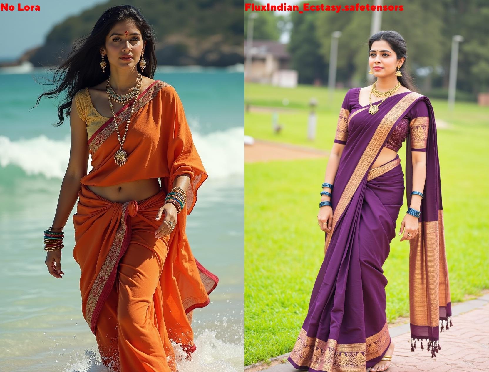 Full size image of an indian woman from head to toe. She is wearing gold anklets in her both legs. Both the anklets have 3...