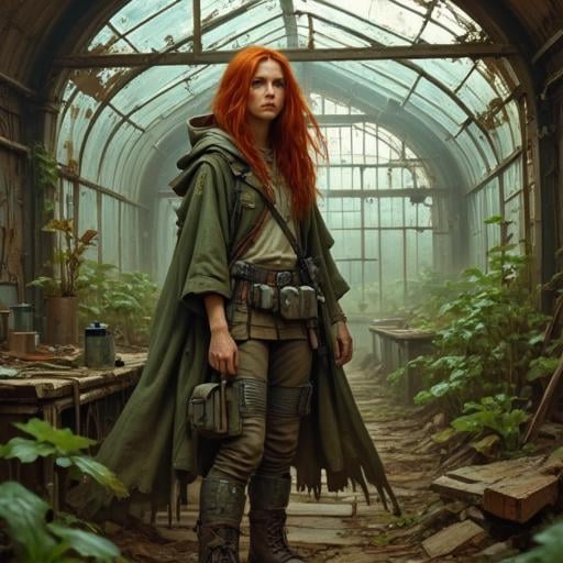 alieffp_style,  Concept art of a young redhead girl wearing shabby Scout Gear,  Binoculars by Alienor on Tensor.Art