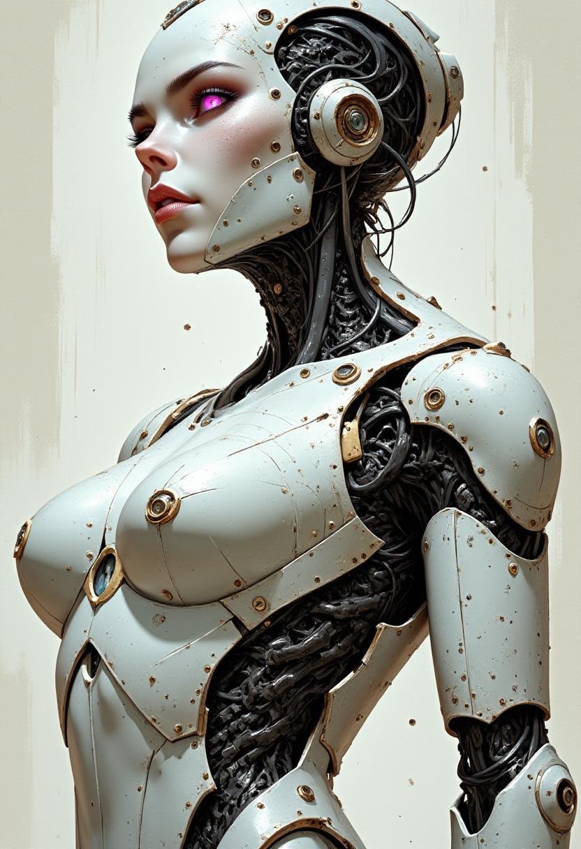 alieffp_style,  upper body illustration of a female . She has a scuffed and dirty white mechanical metallic body,  that is...