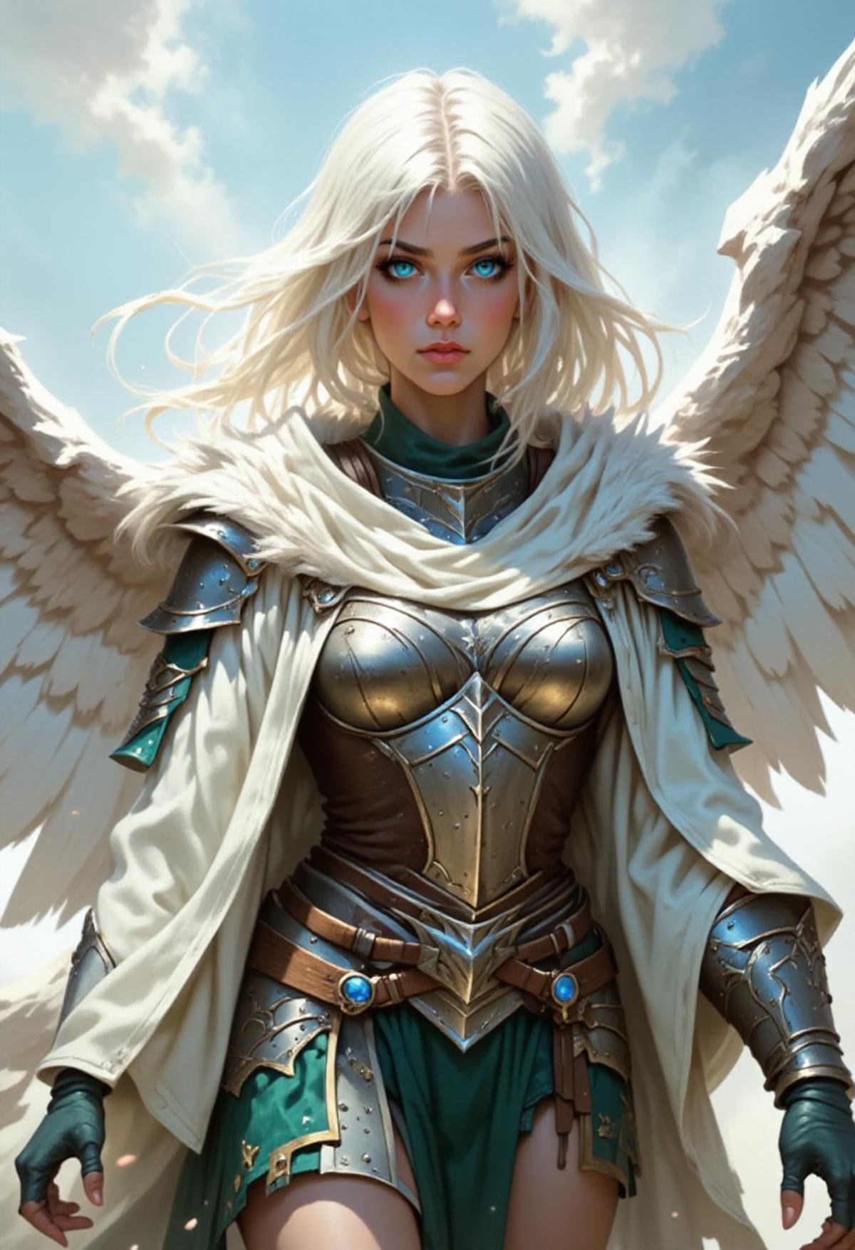 alieffp_style art of a white haired,  blue eyed female paladin wearing scuffed armor,  with angel wings spread behind her....