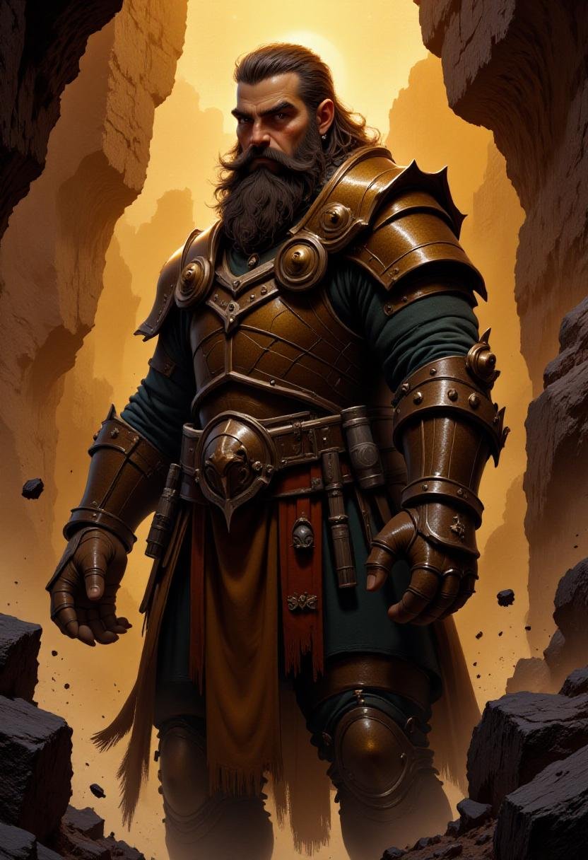 alieffp,  a waist up portrait of a stout bearded earth element warrior from a fantasy kingdom in a grim and dark fantasy s...