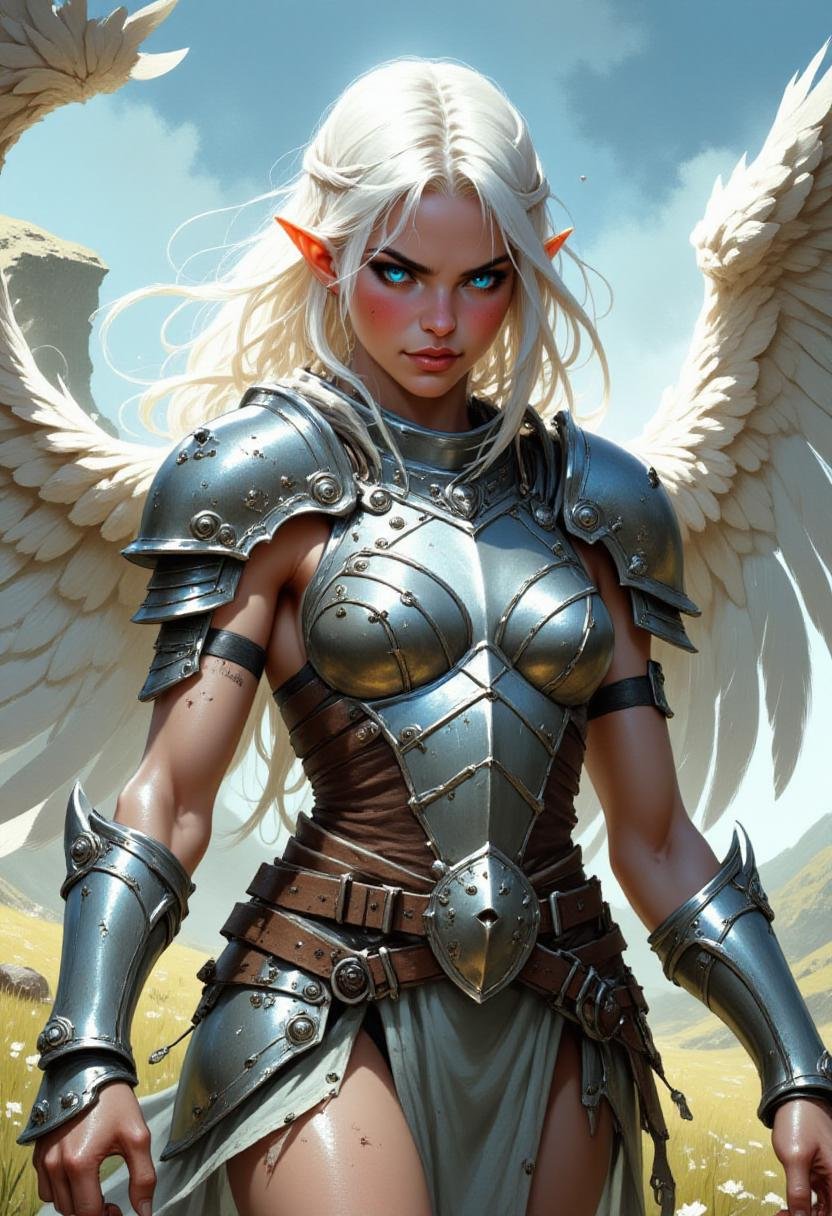 alieffp_v2 art of a white haired,  blue eyed female paladin wearing scuffed armor,  with angel wings spread behind her. Sh...
