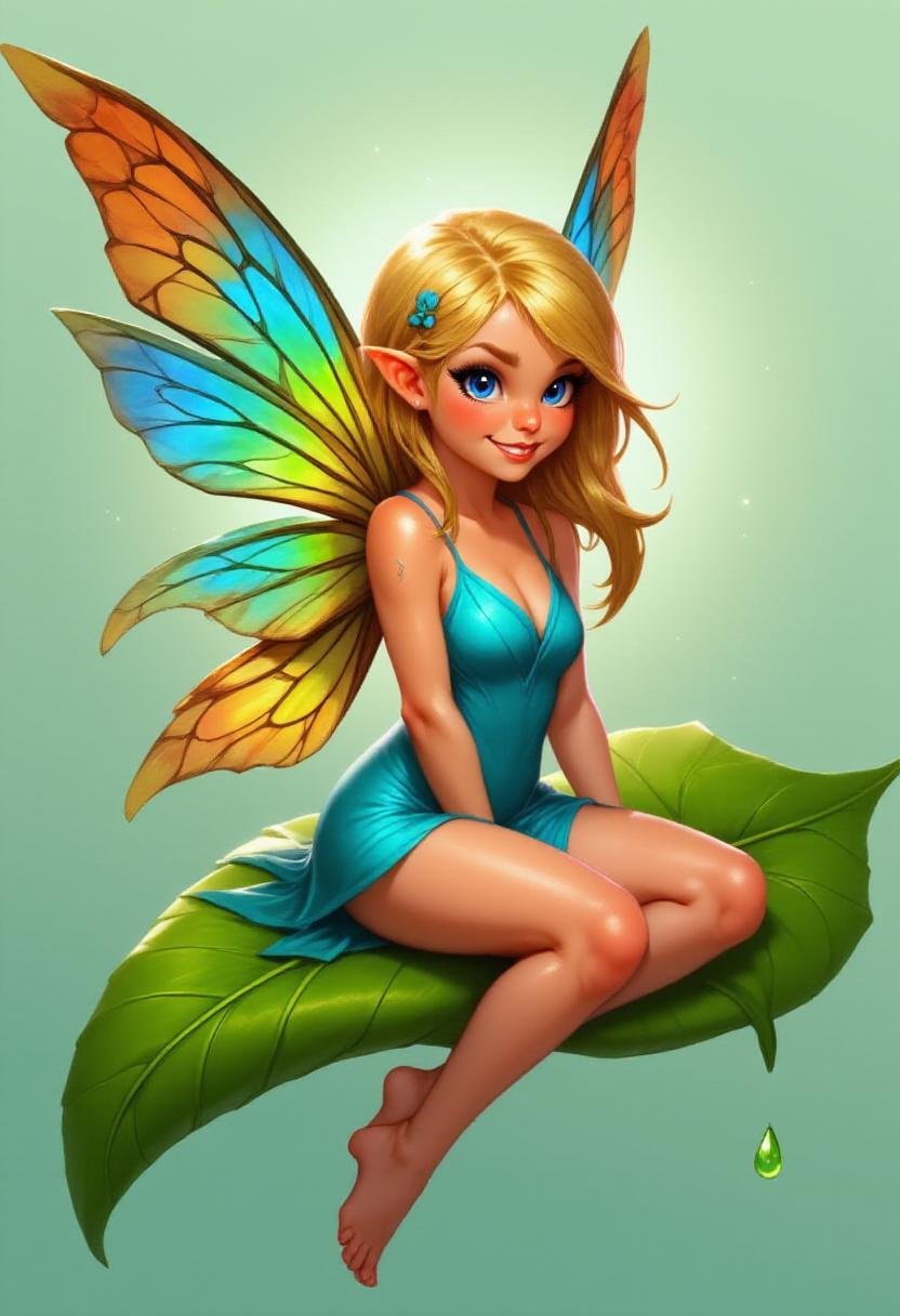 alieffp_v2,  a smiling adult fairy with large iridescent multicolored wings,  wearing a short blue dress by Alienor on Ten...