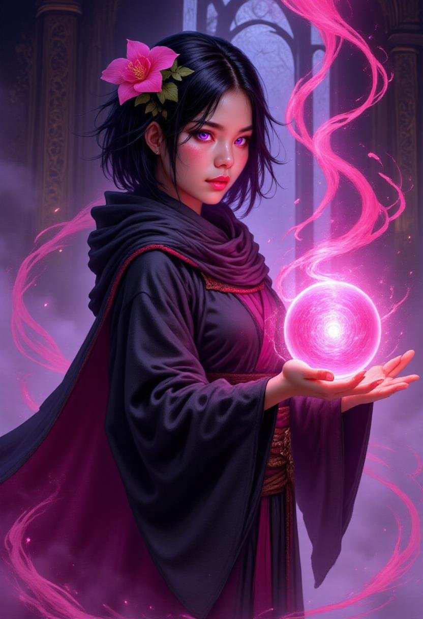 alieffp_v2 fantasy art of an asian human woman in black mage's robes. Pink magical currents swirl around her. She has brig...