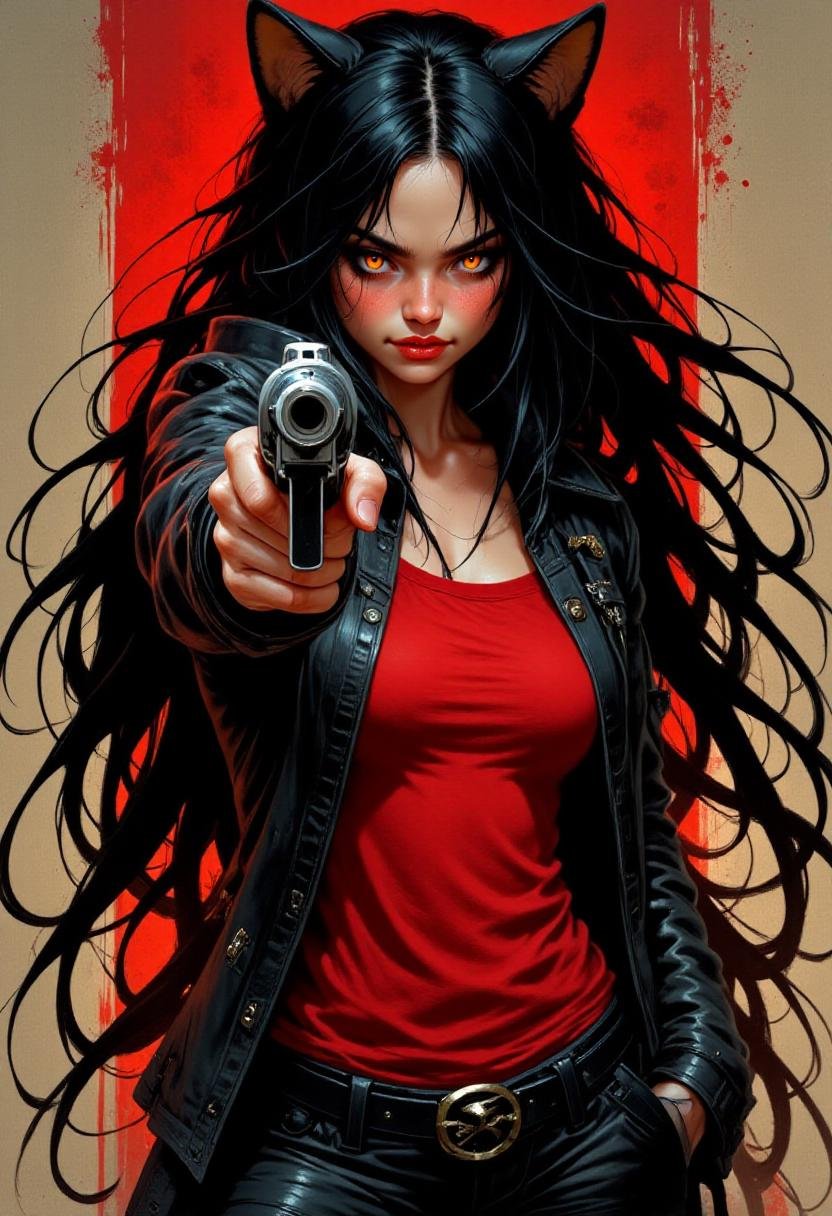 alieffp_v2,  full body fantasy art of a catgirl with black cat ears pointing a gun at the viewer. She is wearing a leather...