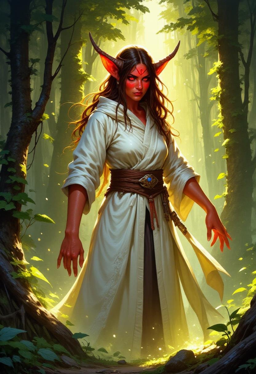 alieffp_v2,  A red-skinned female tiefling wizard wearing a white mage's robe with the hood down casting a healing magic s...