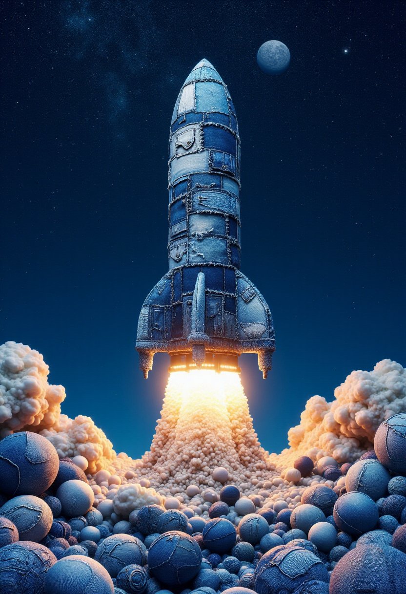 The image is a CGI rendering of a rocket ship designed to resemble a patchwork quilt made from denim fabric,  complete wit...