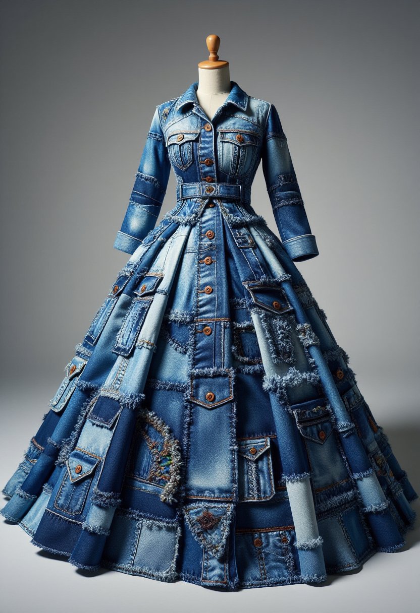 The image is a CGI rendering of a fancy dress designed to resemble a patchwork quilt made from denim fabric,  complete wit...