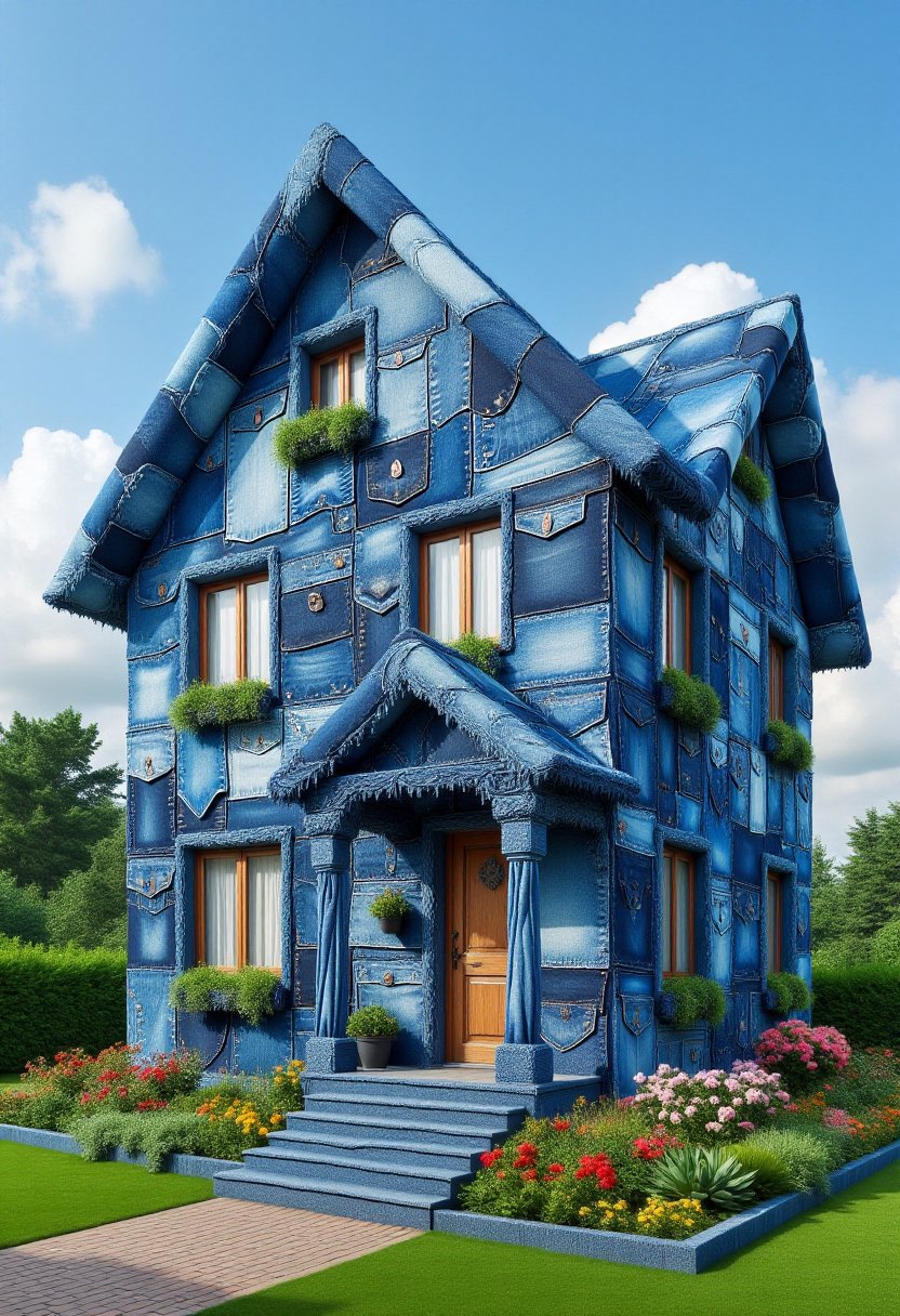 The image is a CGI rendering of an extraordinary house designed to resemble a patchwork quilt made from denim fabric,  com...