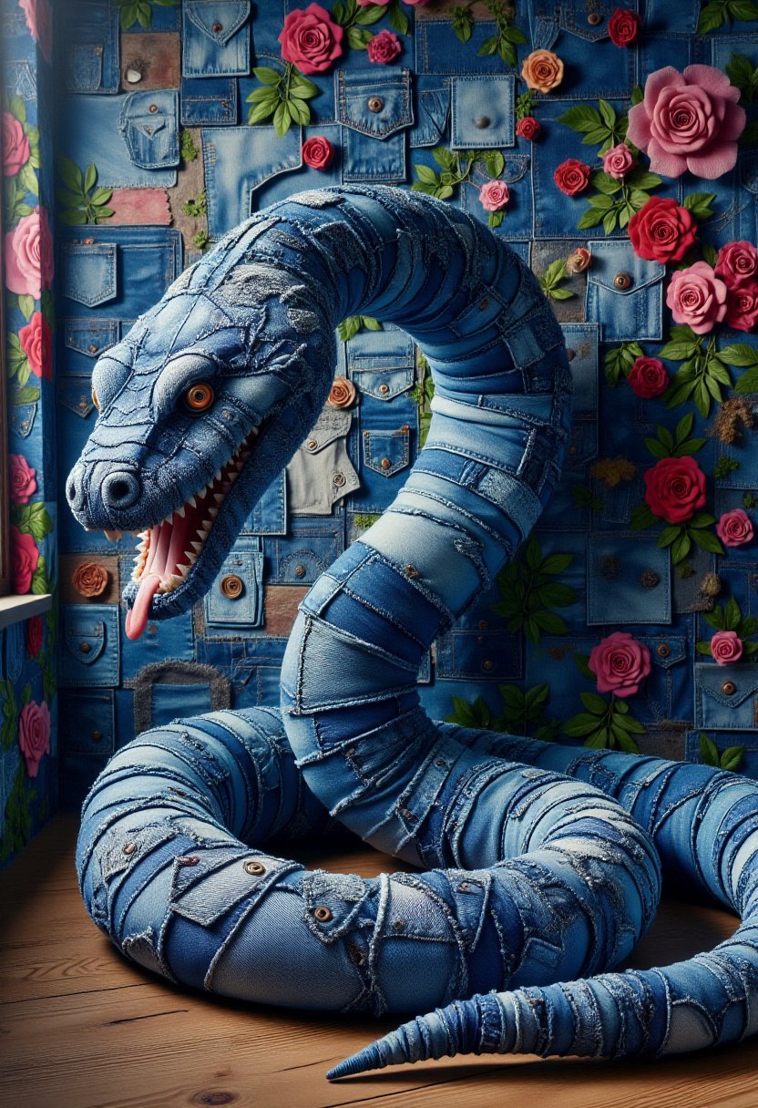 The image is a CGI rendering of a large snake eating a magician designed to resemble a patchwork quilt made from denim fab...