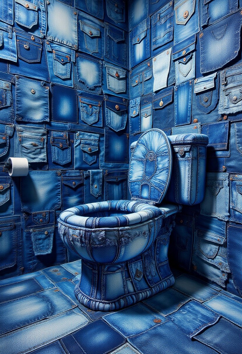 The image is a highly detailed digital artwork featuring a large,  stylized toilet that is constructed from various pieces...