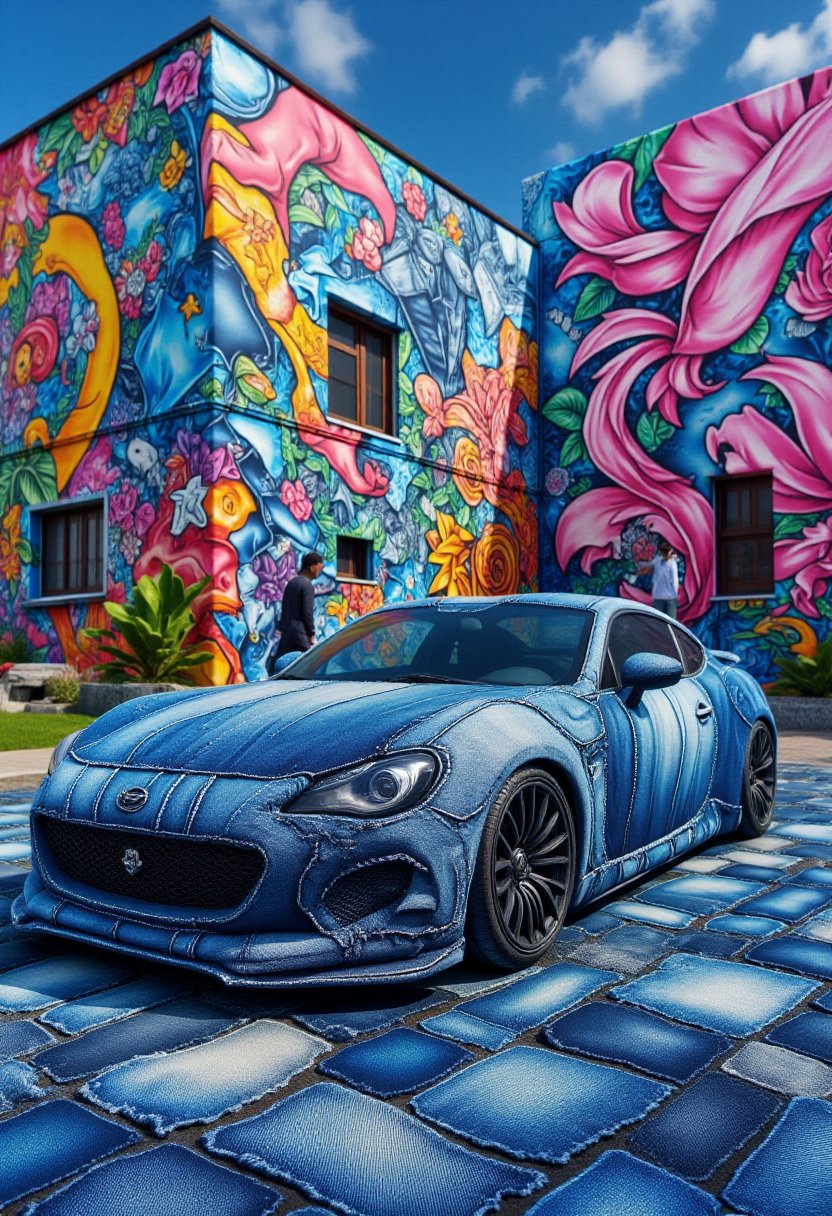 The image is a CGI rendering of a sports car designed to resemble a patchwork quilt made from denim fabric,  complete with...