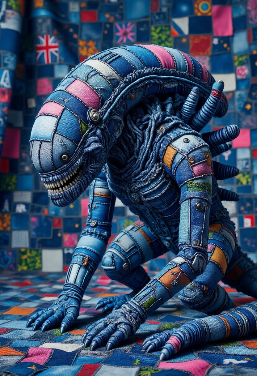 The image is a CGI rendering of a xenomorph designed to resemble a patchwork quilt made from denim fabric,  complete with...
