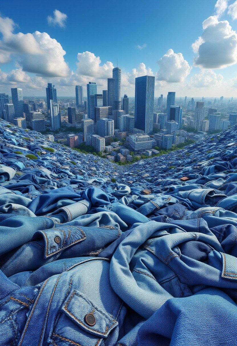 The image is a CGI rendering of a cityscape designed to resemble a patchwork quilt made from denim fabric,  complete with...