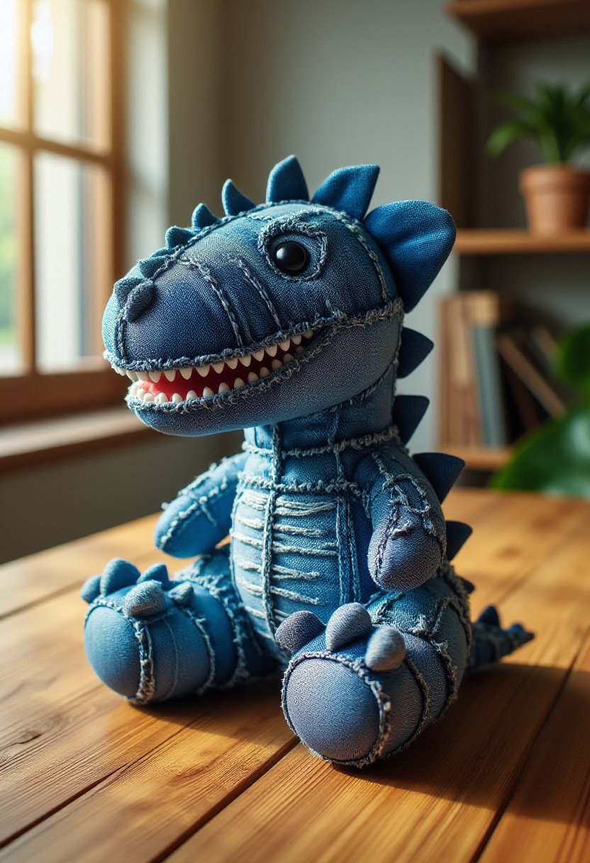 The image is a photograph showcasing a plush toy dinosaur sitting on a wooden table. The dinosaur is designed to resemble...
