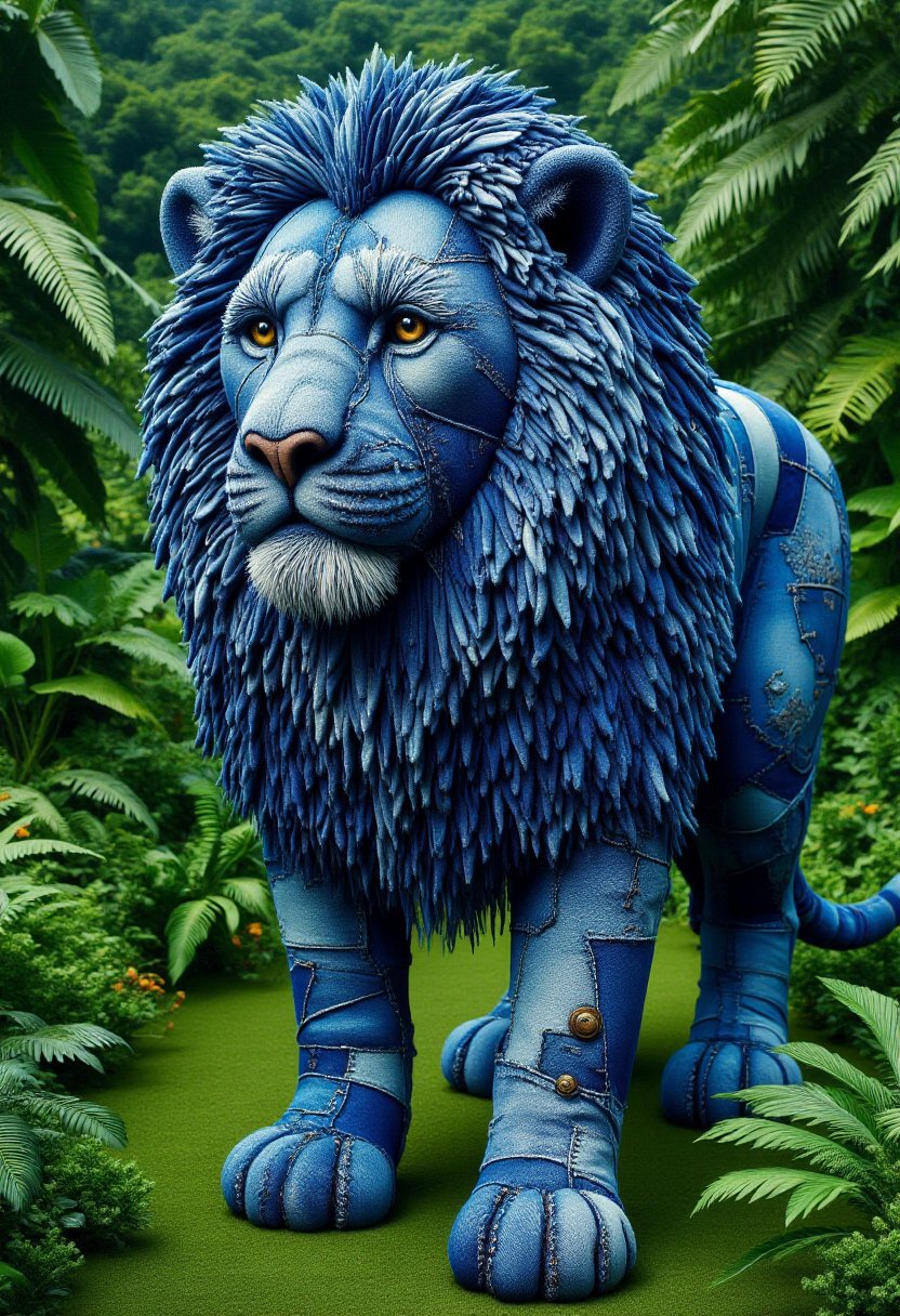 The image is a CGI rendering of a lion designed to resemble a patchwork quilt made from denim fabric,  complete with a whi...