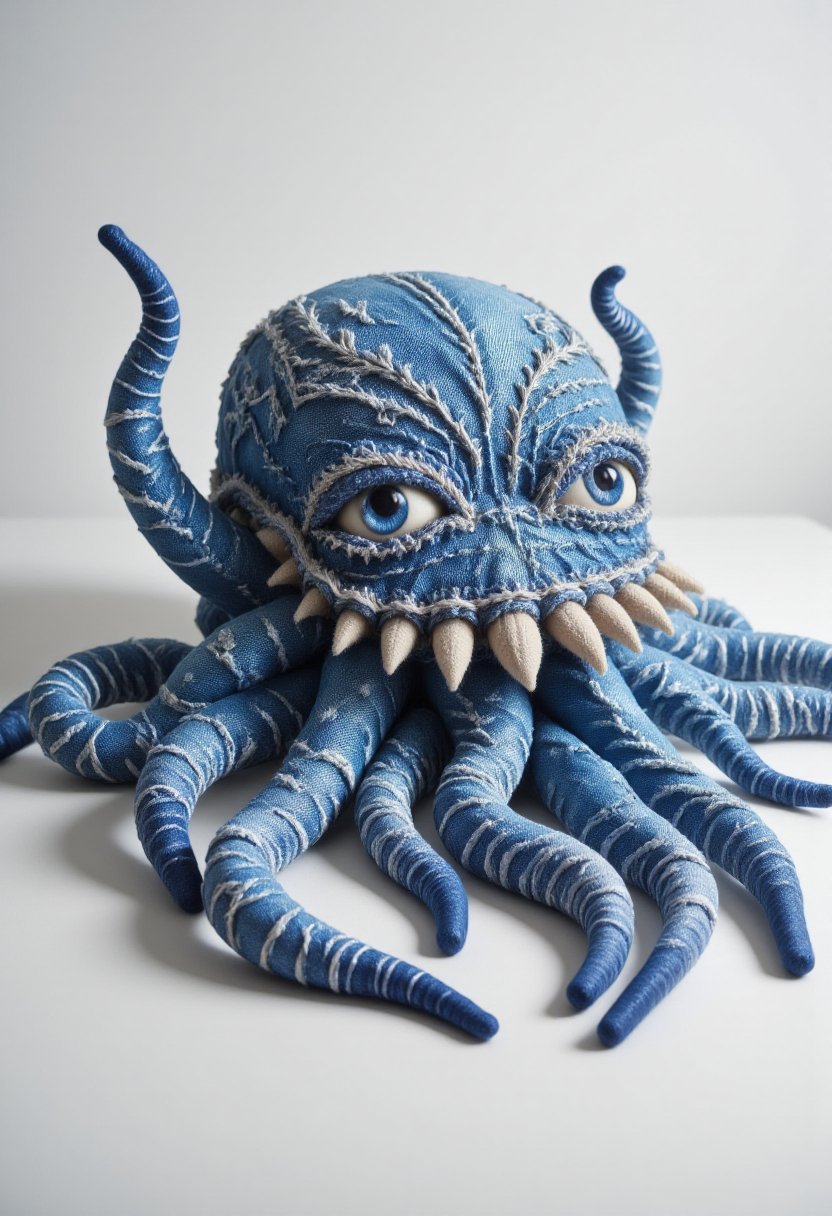 The image is a photograph showcasing a plush toy 8-tentacled octopus designed to resemble a blue,  denim-like fabric with...