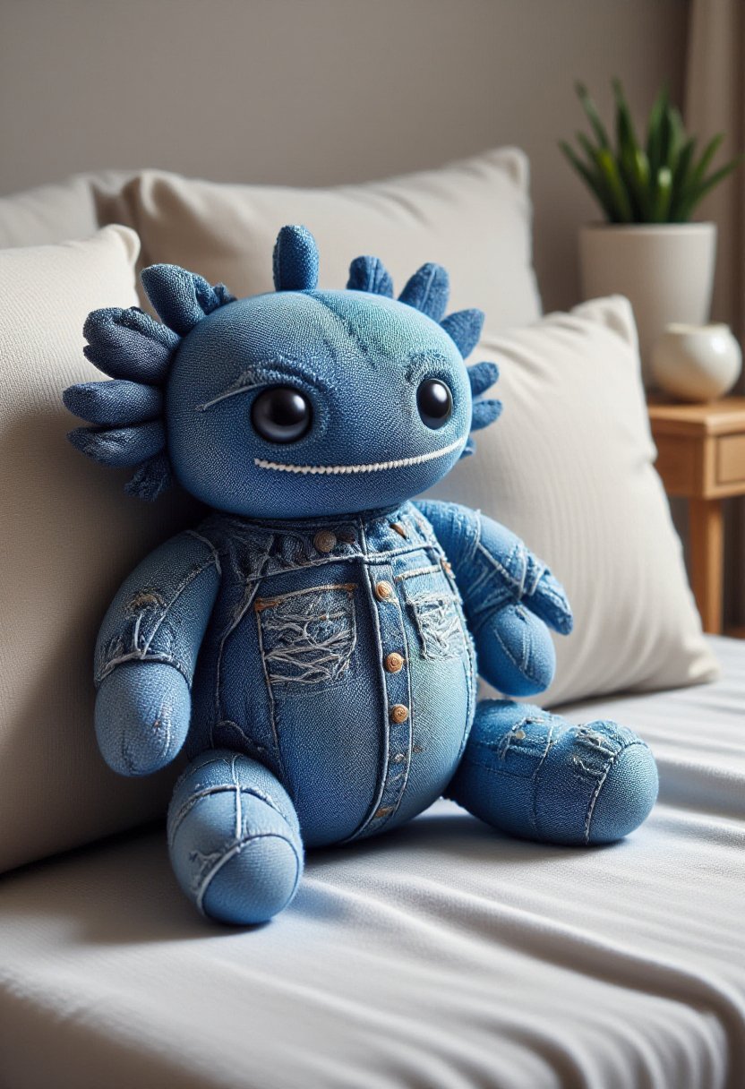The image is a photograph showcasing a plush toy axolotl designed to resemble a blue,  denim-like fabric with a distressed...