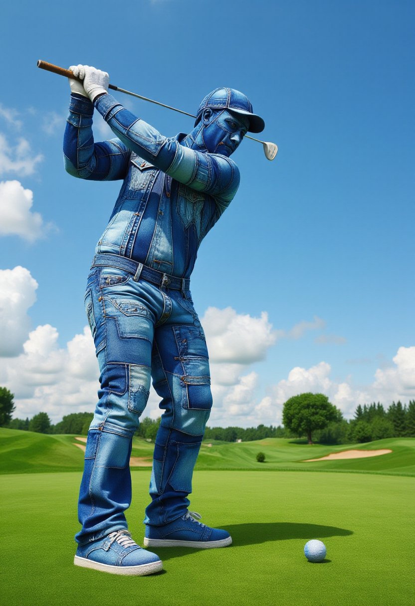 The image is a CGI rendering of a man golfing designed to resemble a patchwork quilt made from denim fabric,  complete wit...