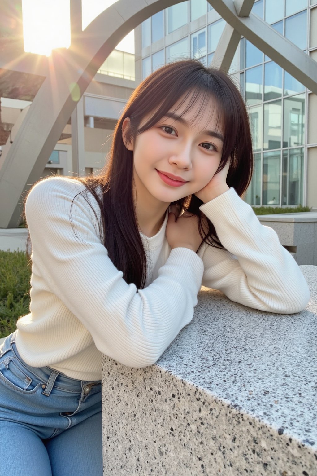 The image shows a young asian woman with long dark hair,  wearing a white sweater and blue jeans. She is leaning on a text...