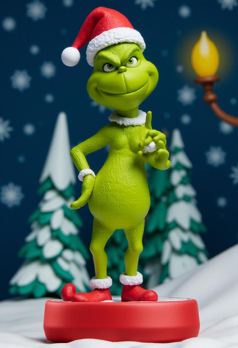 Photograph of a stylized,  cartoonish figurine of the Grinch,  in a dynamic by kftiger on Tensor.Art