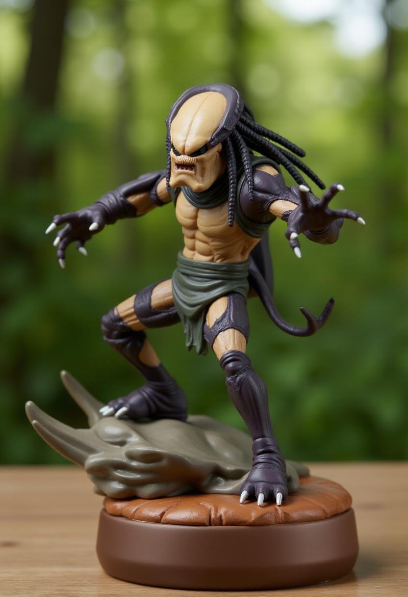 Photograph of a stylized,  cartoonish figurine of the Predator,  in a dynamic by kftiger on Tensor.Art
