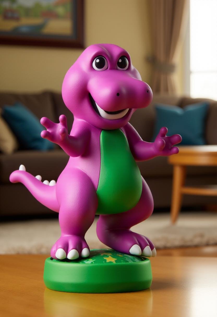 Photograph of a stylized,  cartoonish figurine of Barney,  in a dynamic by kftiger on Tensor.Art