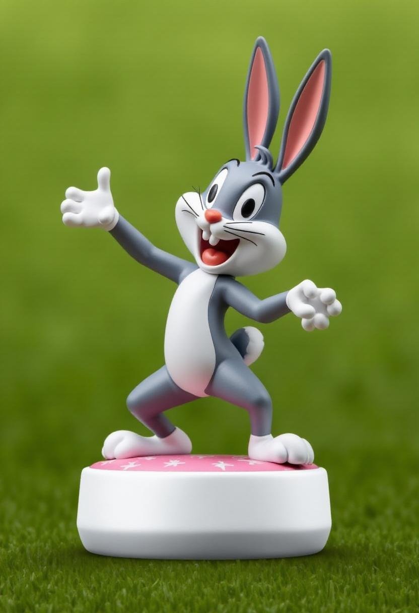 Photograph of a stylized,  cartoonish figurine of Bugs Bunny,  in a dynamic by kftiger on Tensor.Art