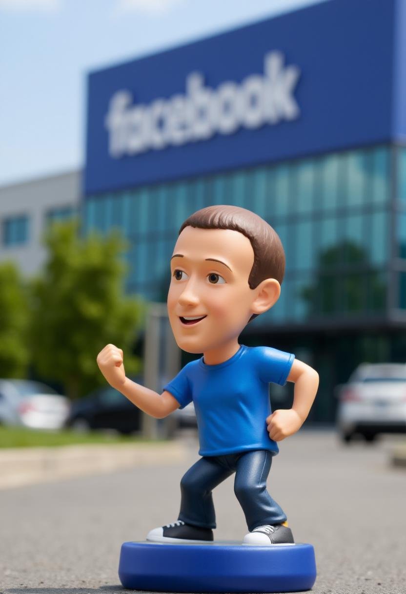 Photograph of a stylized,  cartoonish figurine of Mark Zuckerberg,  in a dynamic by kftiger on Tensor.Art