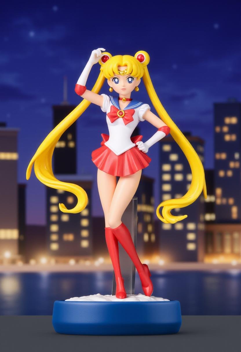 Photograph of a stylized,  cartoonish figurine of Sailor Moon,  in a dynamic by kftiger on Tensor.Art