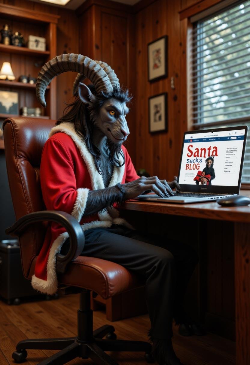 Photo of anthropomorphic gkrampus sitting on an office chair,  typing on a laptop keyboard. There is a website visible on...