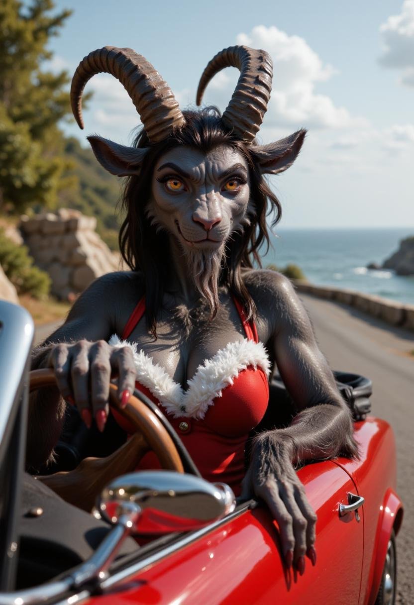 Realistic photo of anthropomorphic female gkrampus driving a fancy convertible car on a sunny day by kftiger on Tensor.Art