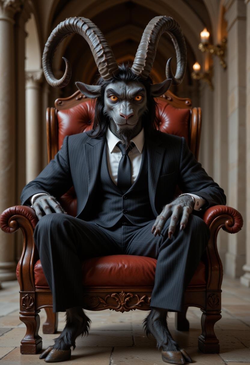 Realistic photo featuring a striking anthropomorphic male gkrampus,  seated in a stately manner. The creature is dressed i...