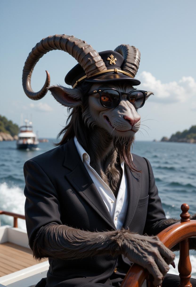 Realistic photo of anthropomorphic gkrampus wearing a ship captains hat and sunglasses,  steering a yacht on the ocean. by...
