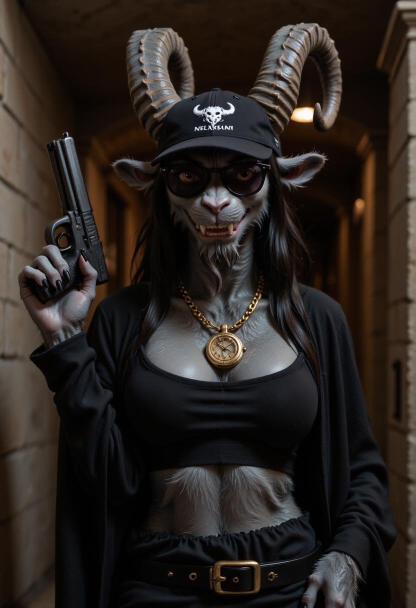 Photo of anthropomorphic female gkrampus with a huge smile,  holding a pistol and wearing a black baseball cap,  sunglasse...