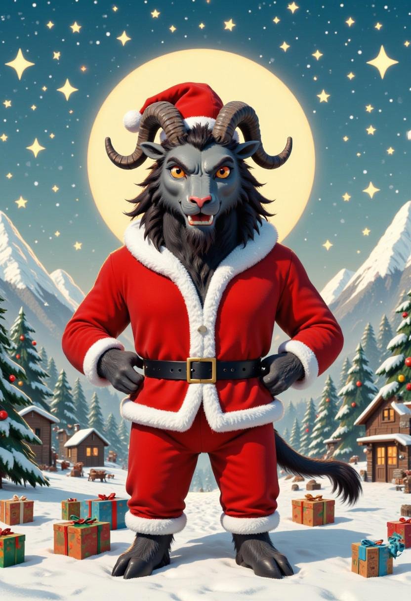 This is a digital illustration in a vibrant,  cartoon style,  featuring anthropomorphic gkrampus in a santa outfit by kfti...